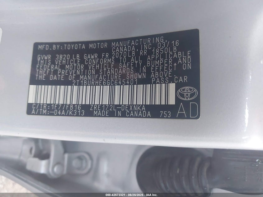 2016 TOYOTA COROLLA VIN: 2T1BURHE6GC645401
