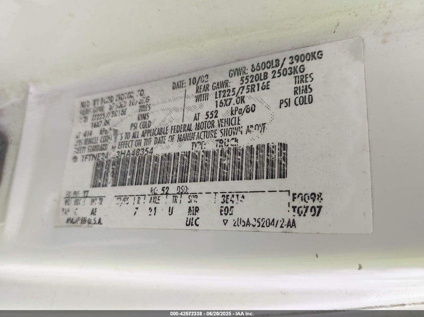 2003 Ford E-250 Commercial/Recreational VIN: 1FTNE24L23HA48354 Lot: 42572338