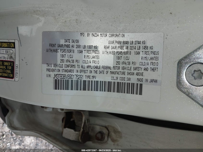 2009 MAZDA CX-9 VIN: JM3TB38V890176291