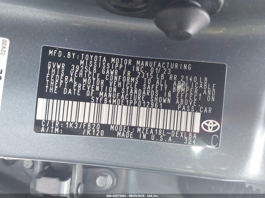 2023 Toyota Corolla Le VIN: 5YFB4MDE1PP012961 Lot: 42572391