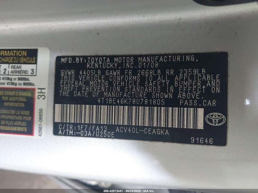 2008 TOYOTA CAMRY VIN: 4T1BE46K78U781805