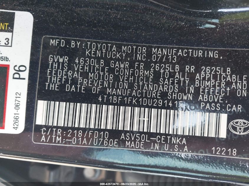 2013 Toyota Camry Le VIN: 4T1BF1FK1DU291415 Lot: 42572470