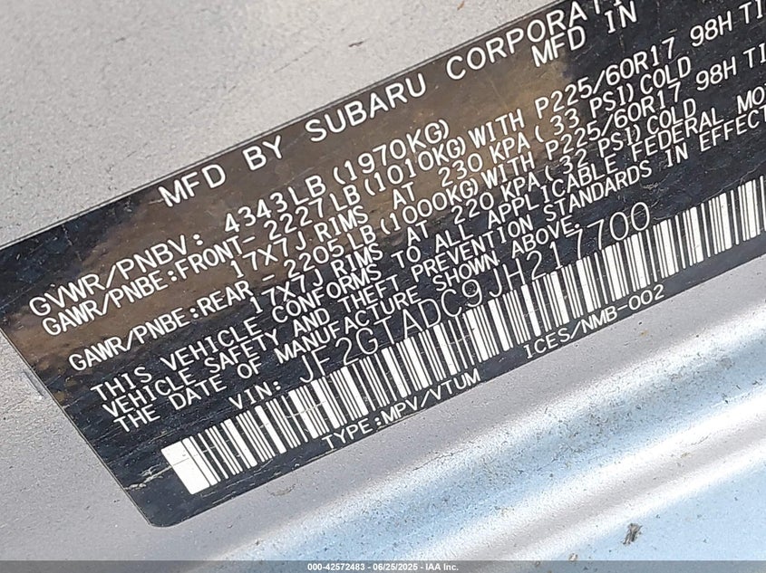 2018 SUBARU CROSSTREK VIN: JF2GTADC9JH217700