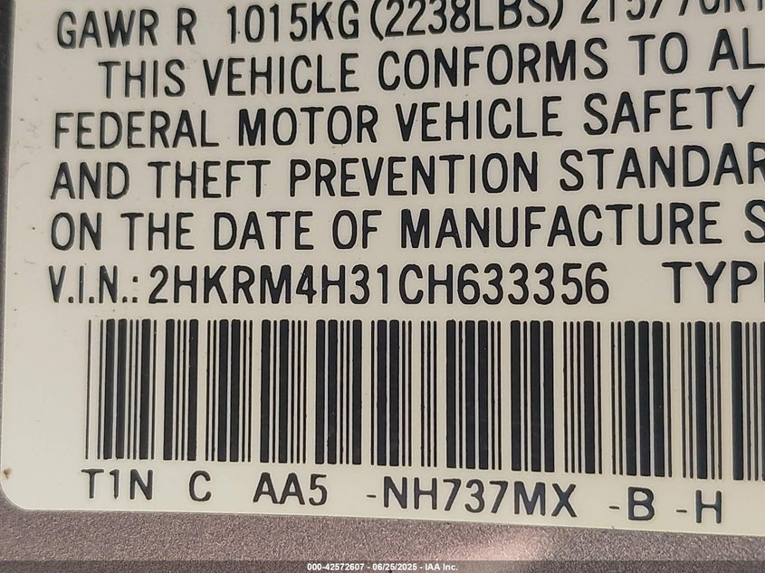2012 HONDA CR-V VIN: 2HKRM4H31CH633356