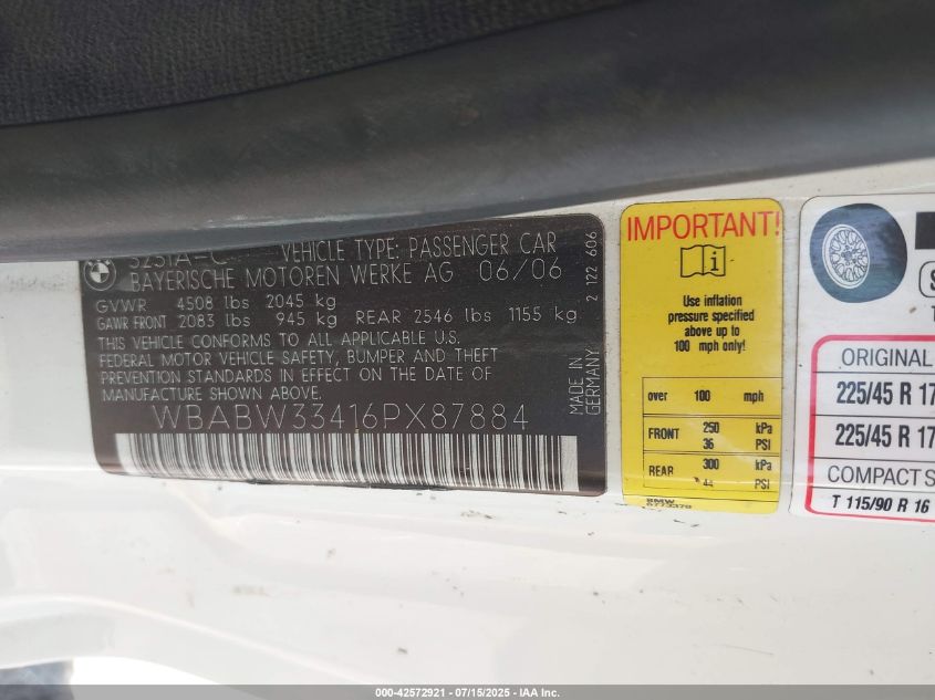 2006 BMW 325Ci VIN: WBABW33416PX87884 Lot: 42572921