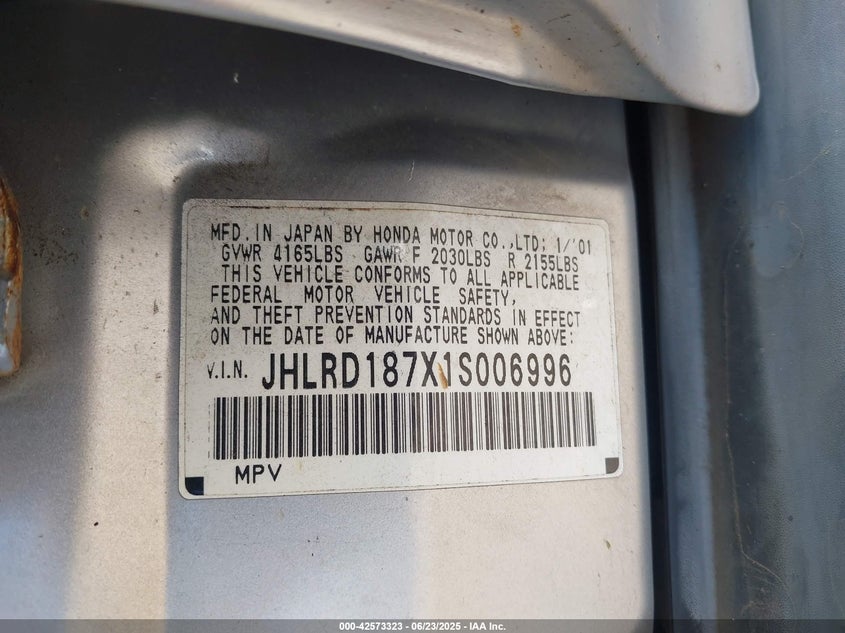 2001 Honda Cr-V Special Edition VIN: JHLRD187X1S006996 Lot: 42573323