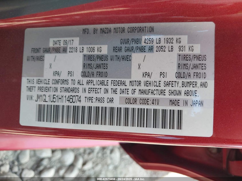 2017 MAZDA 6 VIN: JM1GL1U51H1146074