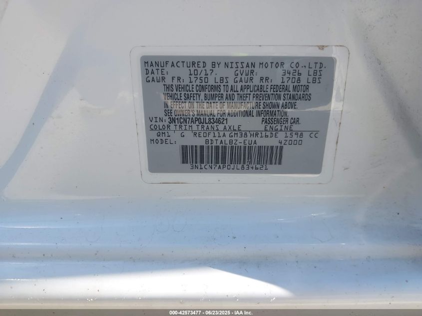 2018 Nissan Versa S/S Plus/Sv/Sl VIN: 3N1CN7AP0JL83Y621 Lot: 42573477