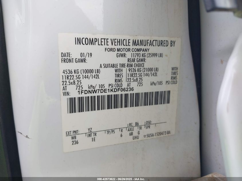 2019 Ford F-750 Diesel VIN: 1FDNW7DE1KDF06236 Lot: 42573622