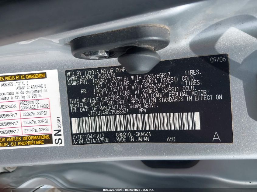 2007 Toyota 4Runner Sr5 V6 VIN: JTEZU14R878068841 Lot: 42573628