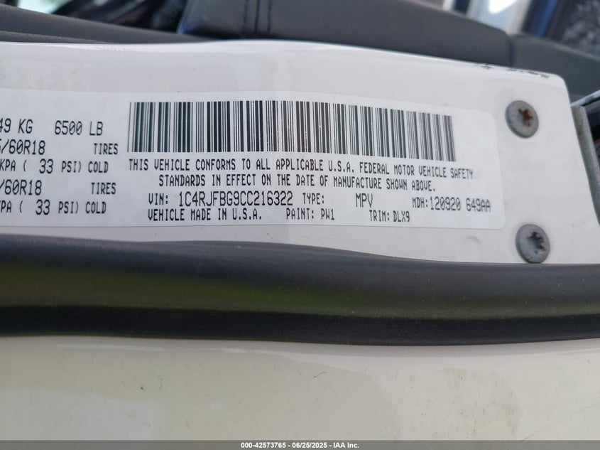 2012 JEEP GRAND CHEROKEE VIN: 1C4RJFBG9CC216322