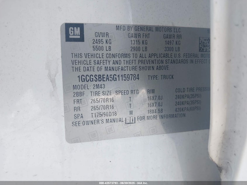 2016 CHEVROLET COLORADO WT 1GCGSBEA5G1159784