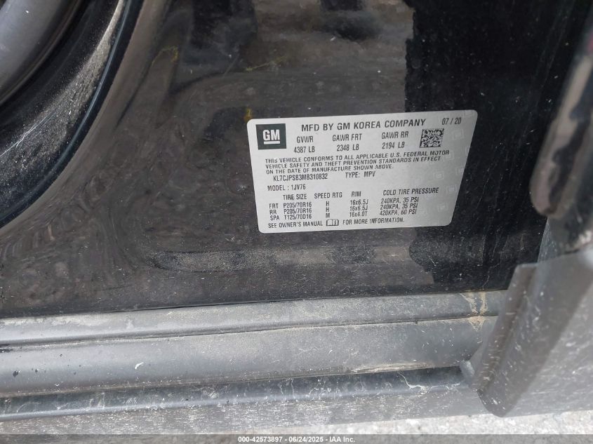 2021 Chevrolet Trax Awd Lt VIN: KL7CJPSB3MB310832 Lot: 43360788