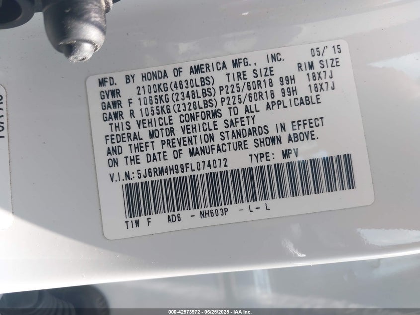 2015 HONDA CR-V TOURING - 5J6RM4H99FL074072