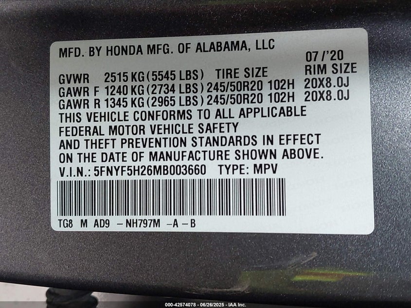 VIN 5FNYF5H26MB003660 2021 HONDA PILOT 2WD SPECIAL EDITION