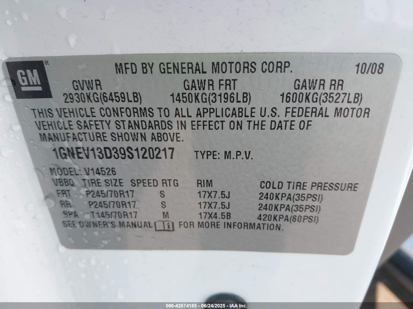 2009 Chevrolet Traverse Ls VIN: 1GNEV13D39S120217 Lot: 42574185