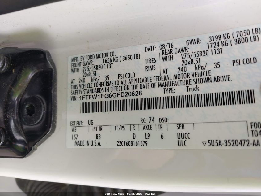 2016 Ford F-150 Platinum VIN: 1FTFW1EG6GFD20628 Lot: 42574630