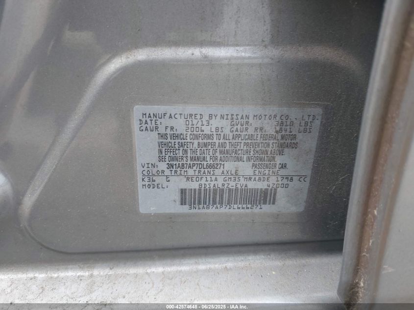 2013 Nissan Sentra S/Sv/Sr/Sl VIN: 3N1AB7AP7DL666271 Lot: 42574648