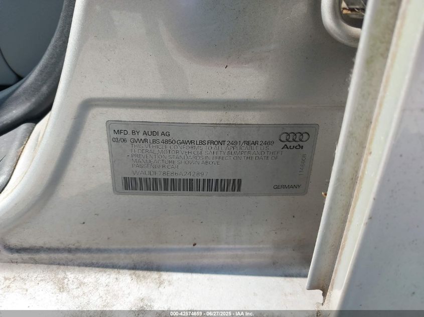 2006 Audi A4 2.0T VIN: WAUDF78E86A242897 Lot: 42574659