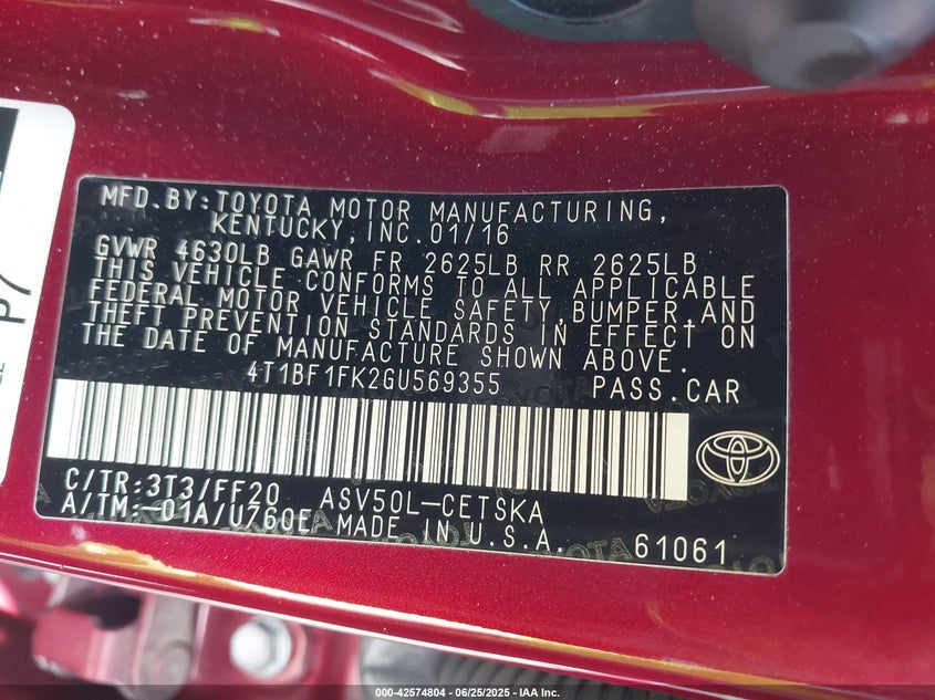 2016 TOYOTA CAMRY SE - 4T1BF1FK2GU569355