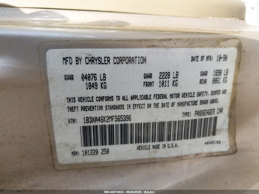 1991 Dodge Spirit VIN: 1B3XA46K2MF565396 Lot: 42574833