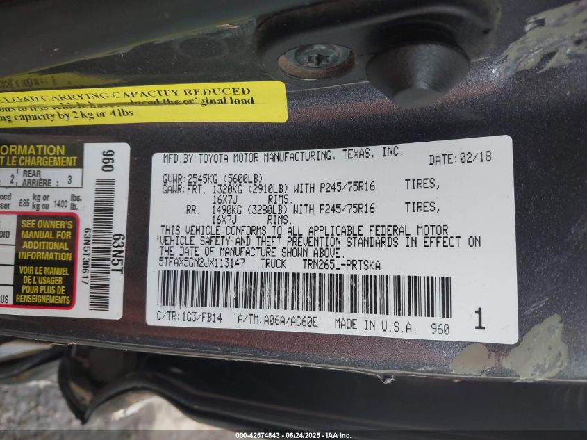 2018 Toyota Tacoma Sr VIN: 5TFAX5GN2JX113147 Lot: 42574843