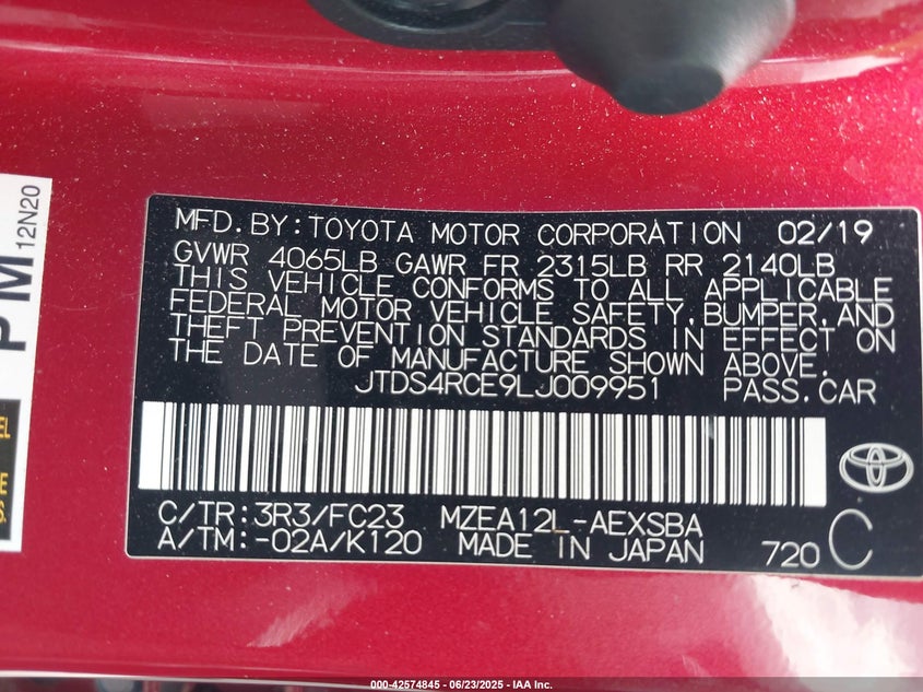 VIN JTDS4RCE9LJ009951 2020 TOYOTA COROLLA SE