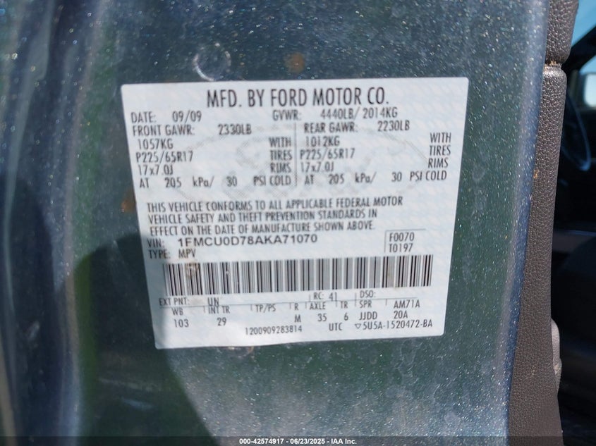 2010 FORD ESCAPE VIN: 1FMCU0D78AKA71070