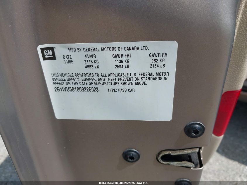 2006 Chevrolet Impala Ltz VIN: 2G1WU581069226023 Lot: 42575008