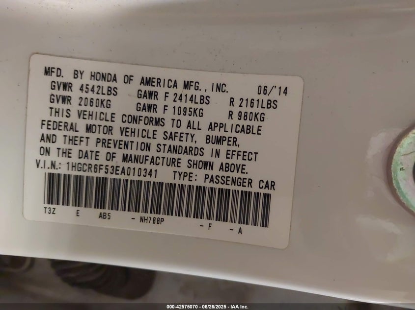 2014 Honda Accord Hybrid Ex-L VIN: 1HGCR6F53EA010341 Lot: 42575070