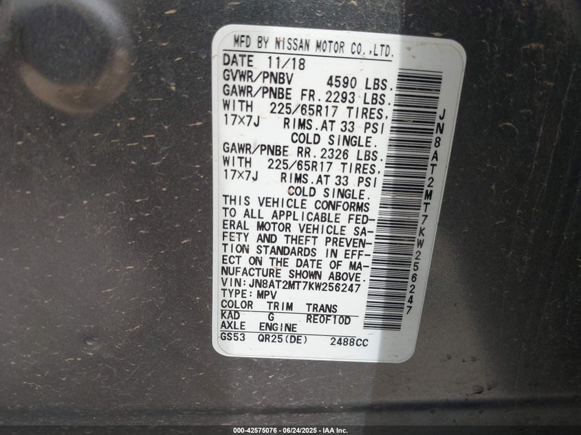 2019 NISSAN ROGUE SV - JN8AT2MT7KW256247