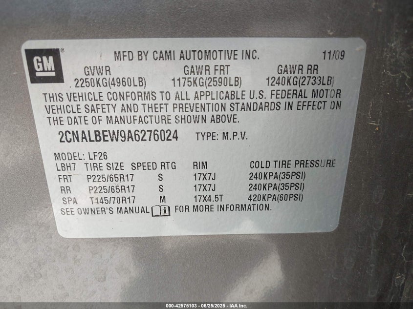 2010 CHEVROLET EQUINOX VIN: 2CNALBEW9A6276024