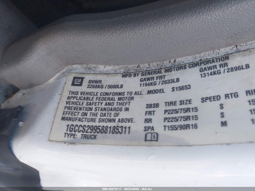 2008 CHEVROLET COLORADO VIN: 1GCCS299588185311