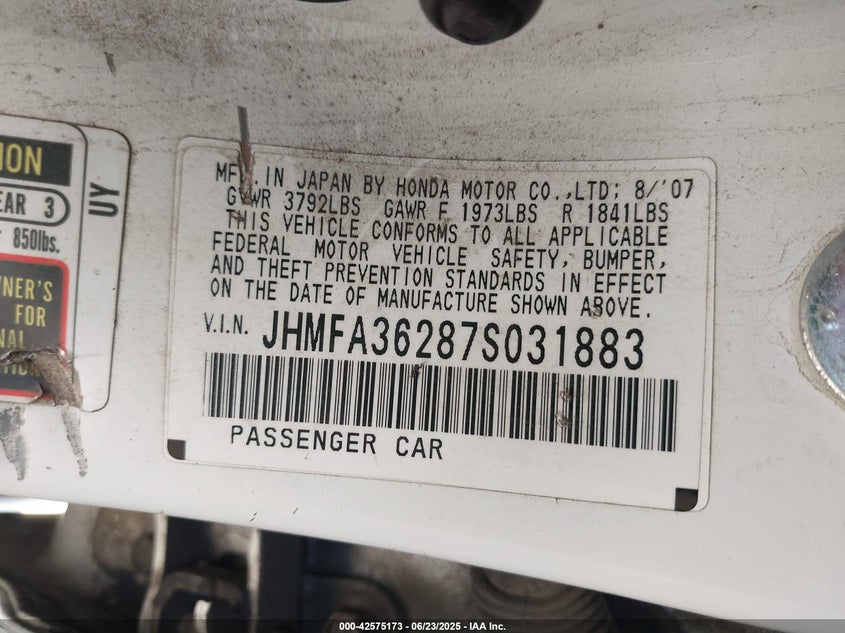 2007 HONDA CIVIC HYBRID VIN: JHMFA36287S031883
