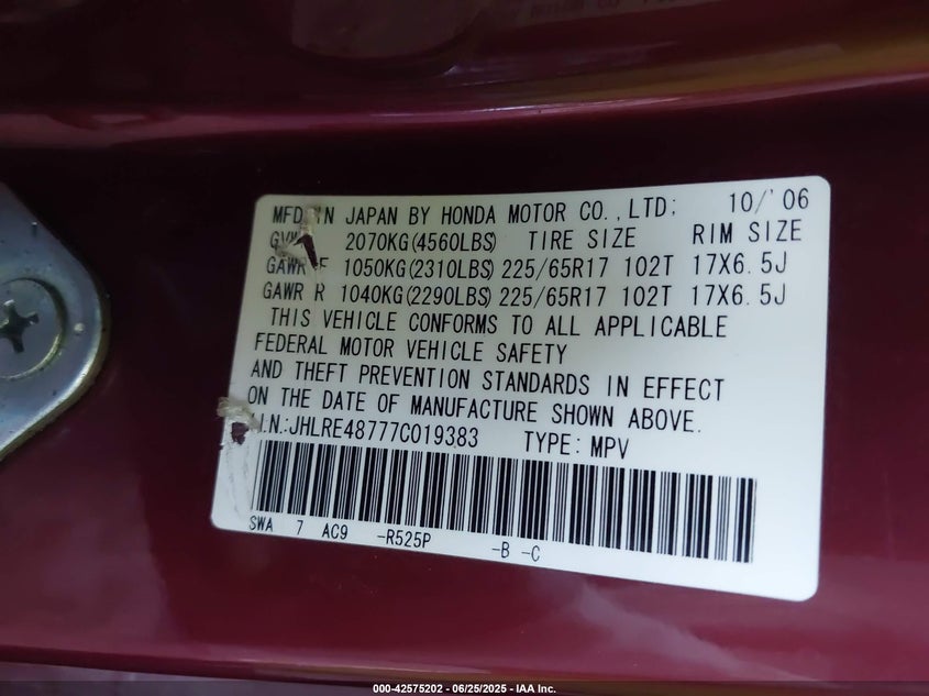 2007 HONDA CR-V VIN: JHLRE48777C019383