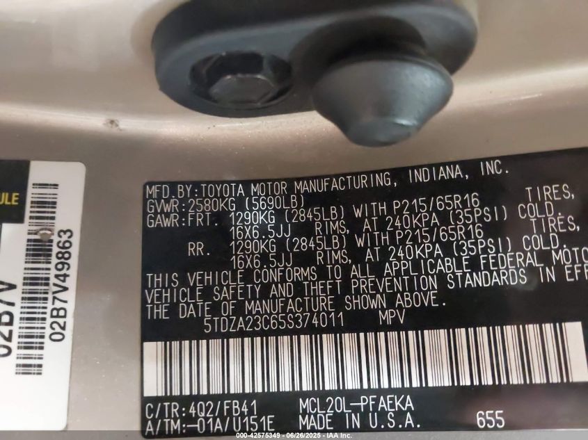 2005 Toyota Sienna Le VIN: 5TDZA23C65S374011 Lot: 42575349