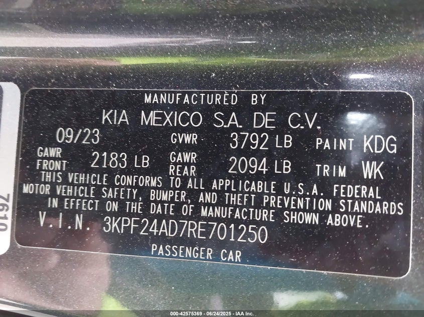 VIN 3KPF24AD7RE701250 2024 KIA FORTE LXS