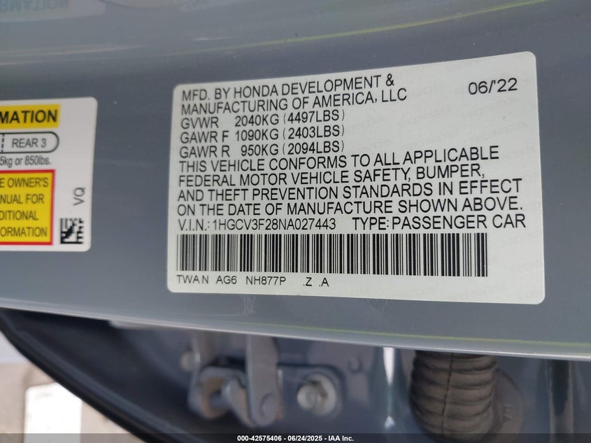 2022 HONDA ACCORD 2.0L I-4 DOHC, VVT, (VIN: 1HGCV3F28NA027443
