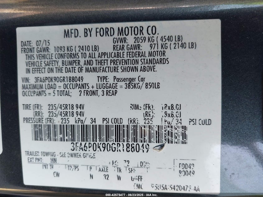 2016 FORD FUSION VIN: 3FA6P0K90GR188049