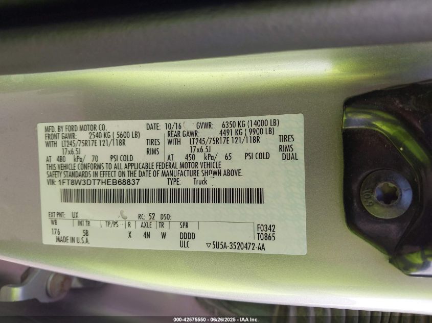 2017 Ford F-350 Lariat VIN: 1FT8W3DT7HEB68837 Lot: 42575550