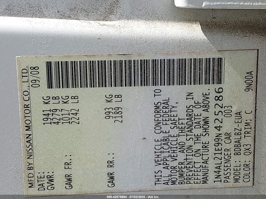 2009 NISSAN ALTIMA VIN: 1N4AL21E99N425286