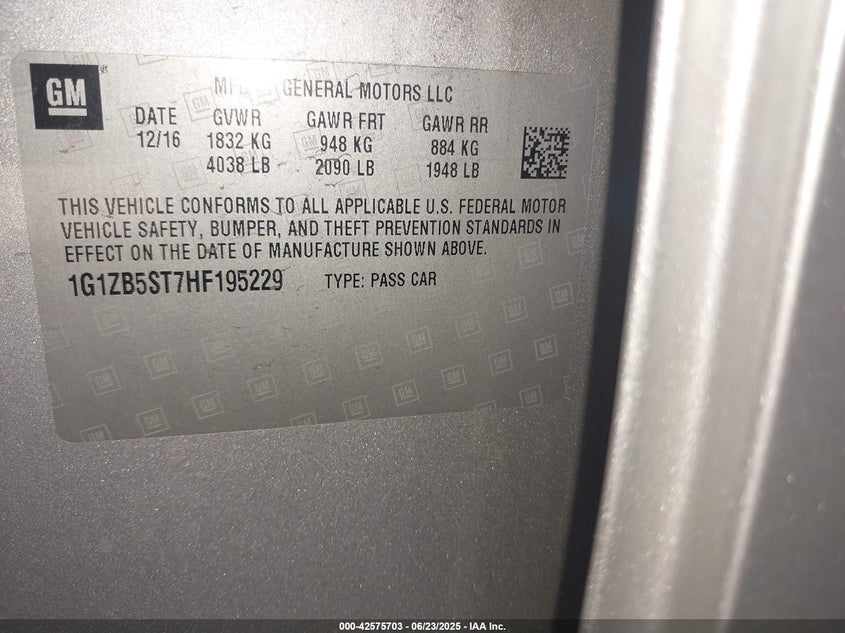 2017 CHEVROLET MALIBU VIN: 1G1ZB5ST7HF195229