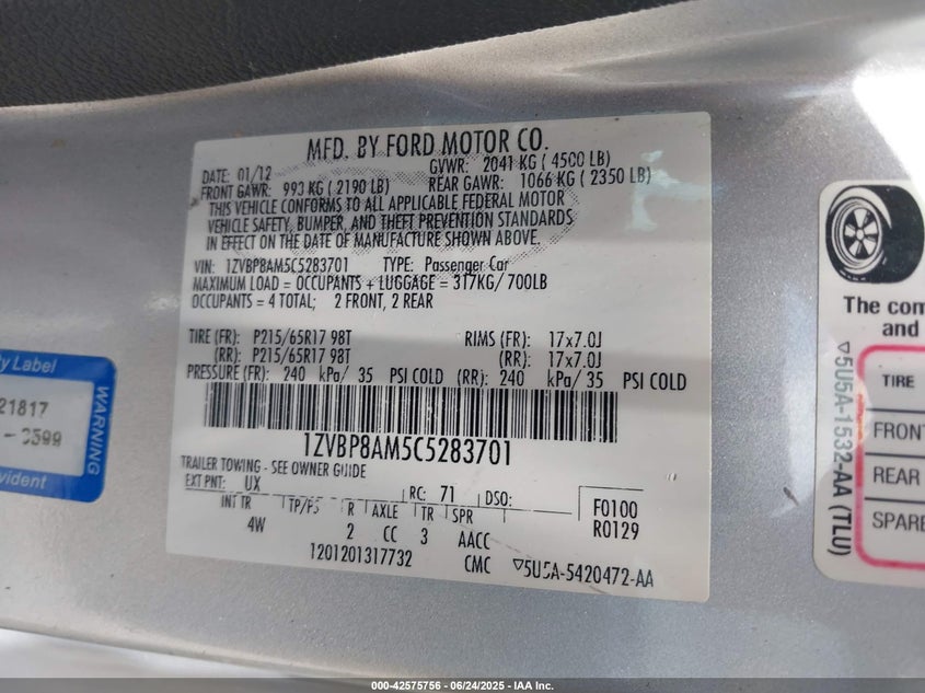 2012 FORD MUSTANG VIN: 1ZVBP8AM5C5283701