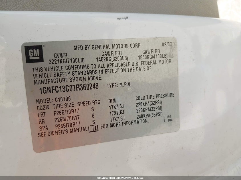 2007 CHEVROLET TAHOE VIN: 1GNFC13C07R360248