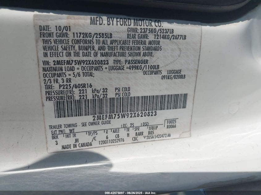 2002 Mercury Grand Marquis Ls VIN: 2MEFM75W92X620823 Lot: 42575897