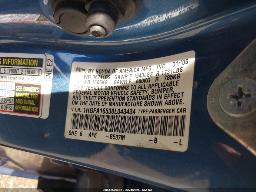 2006 Honda Civic Lx VIN: 1HGFA16536L043434 Lot: 42576362