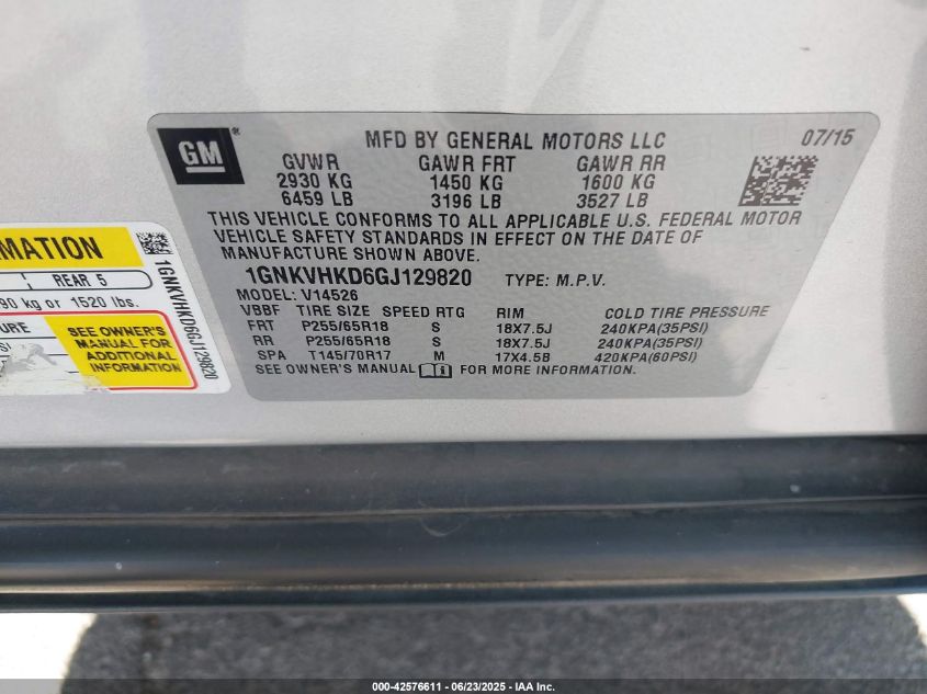 2016 Chevrolet Traverse 2Lt VIN: 1GNKVHKD6GJ129820 Lot: 42576611