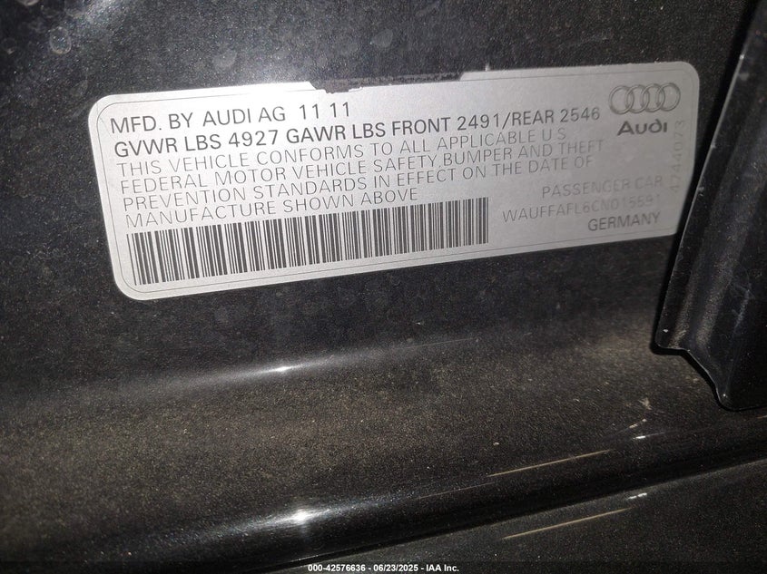 2012 AUDI A4 VIN: WAUFFAFL6CN015591