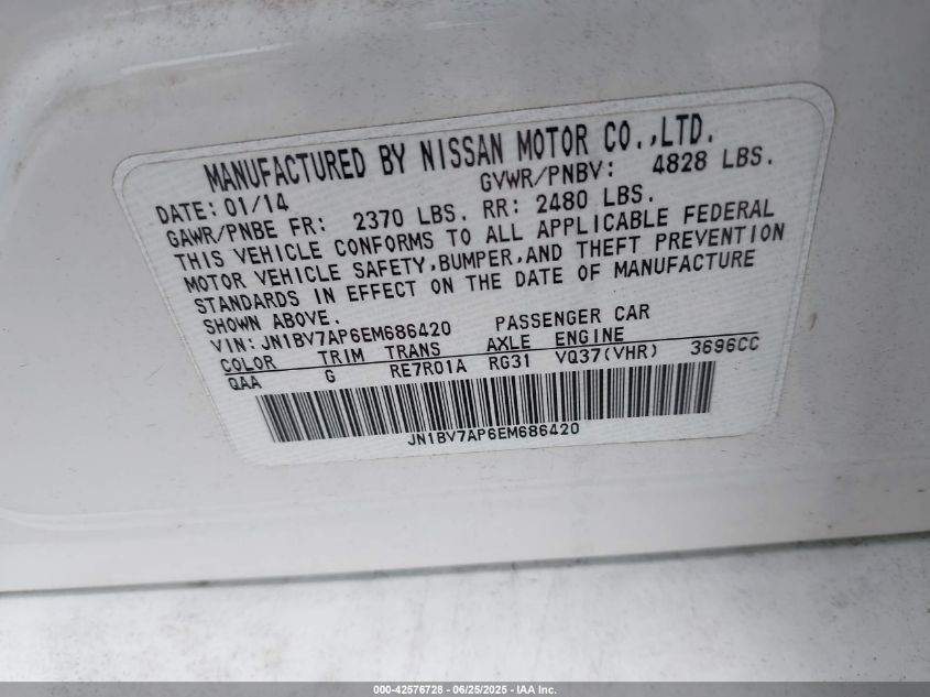 2014 Infiniti Q50 Premium VIN: JN1BV7AP6EM686420 Lot: 42576728