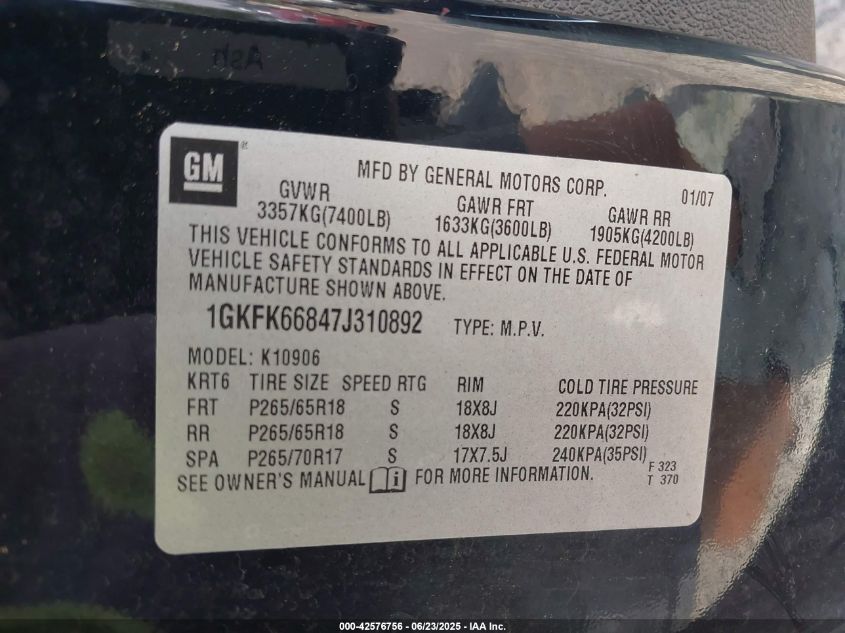 2007 GMC Yukon Xl 1500 Denali VIN: 1GKFK66847J310892 Lot: 42576756